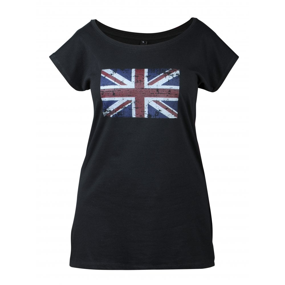 Ladies Black T-Shirt with Distressed Metallic Union Jack